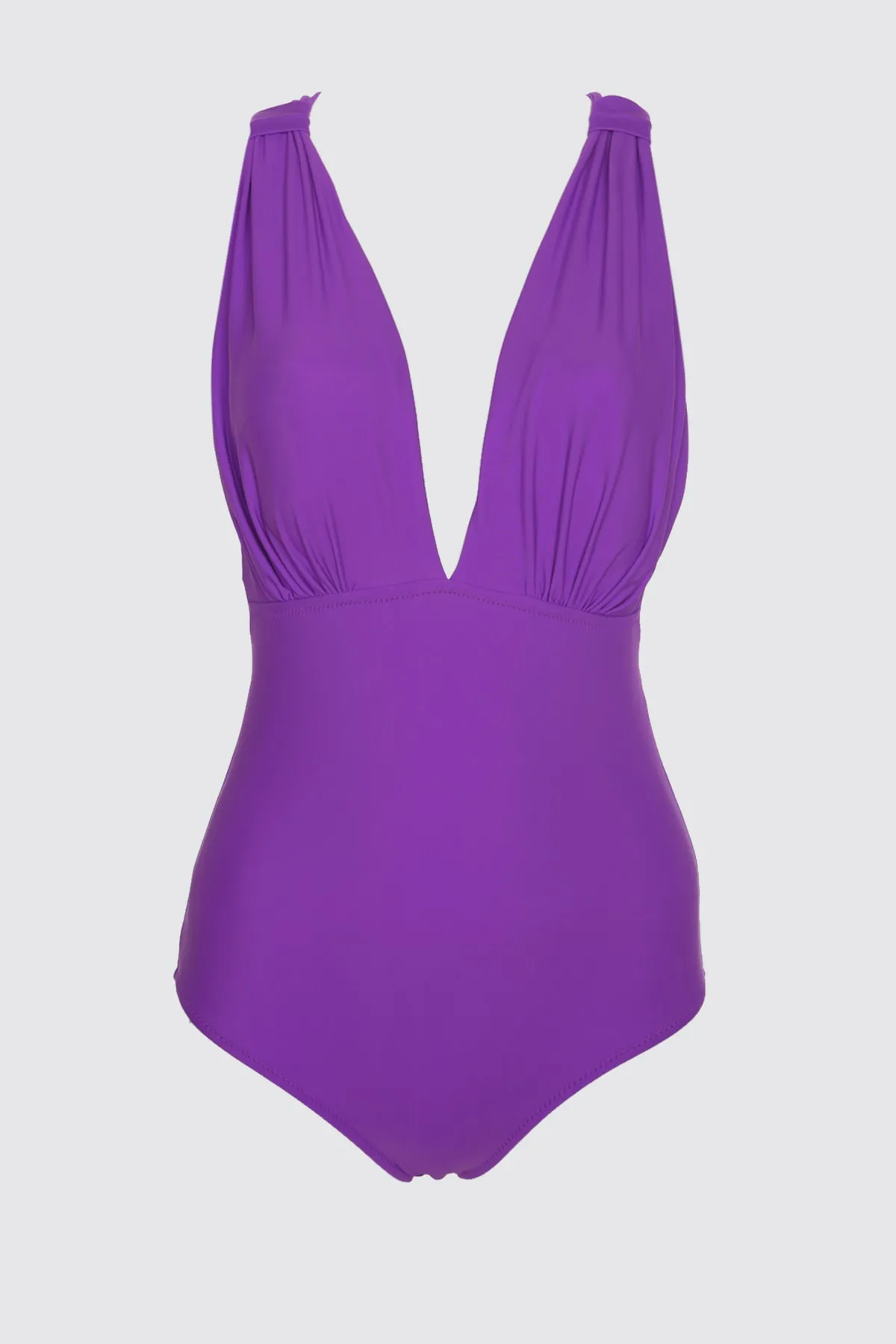 Trendyol Collection  Violetter Badeanzug mit tiefem Ausschnitt und normaler Beinlänge, gerafft TBESS21MA0066