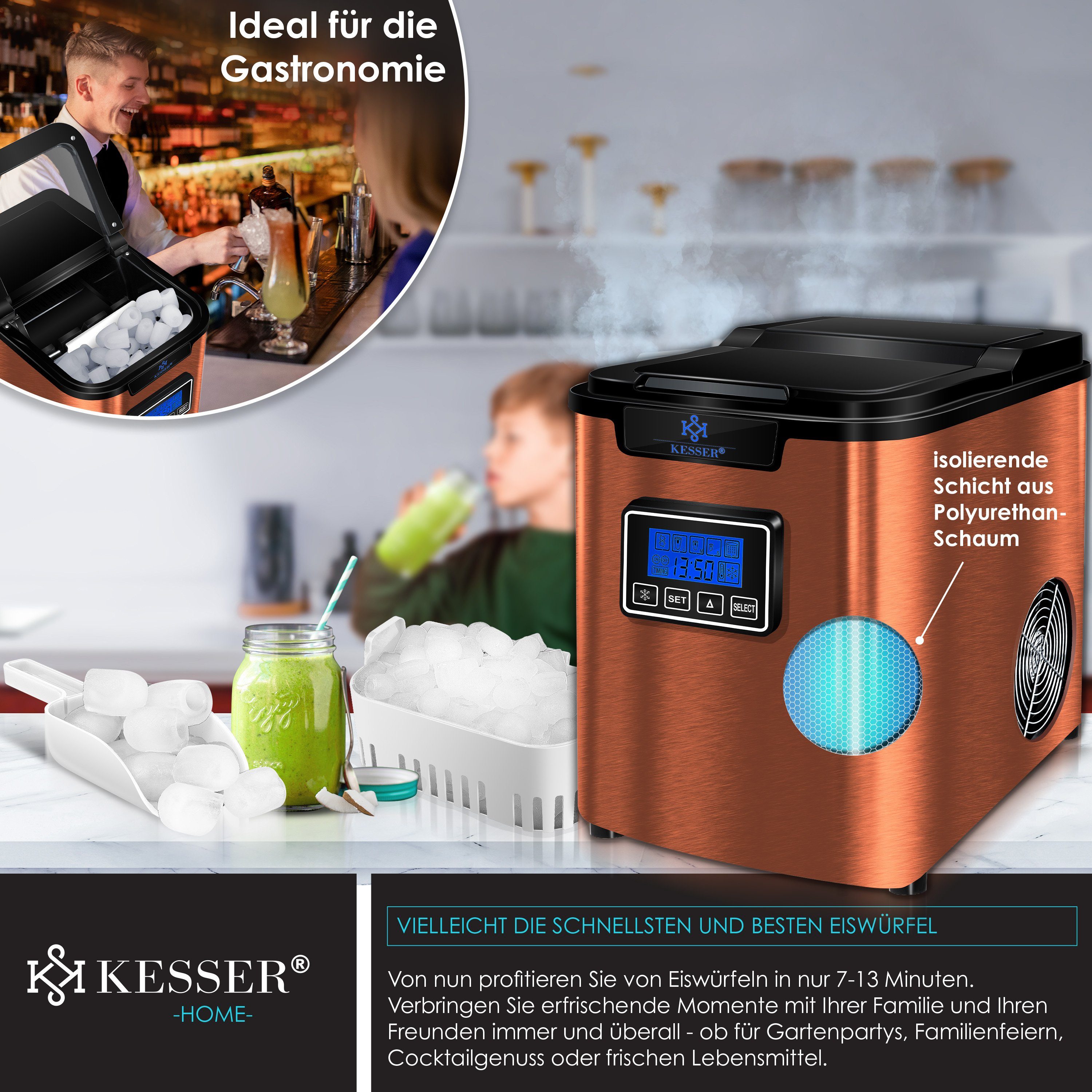 KESSER Eiswürfelmaschine, Eiswürfelbereiter Eiswürfelmaschine Edelstahl 150W Ice Maker