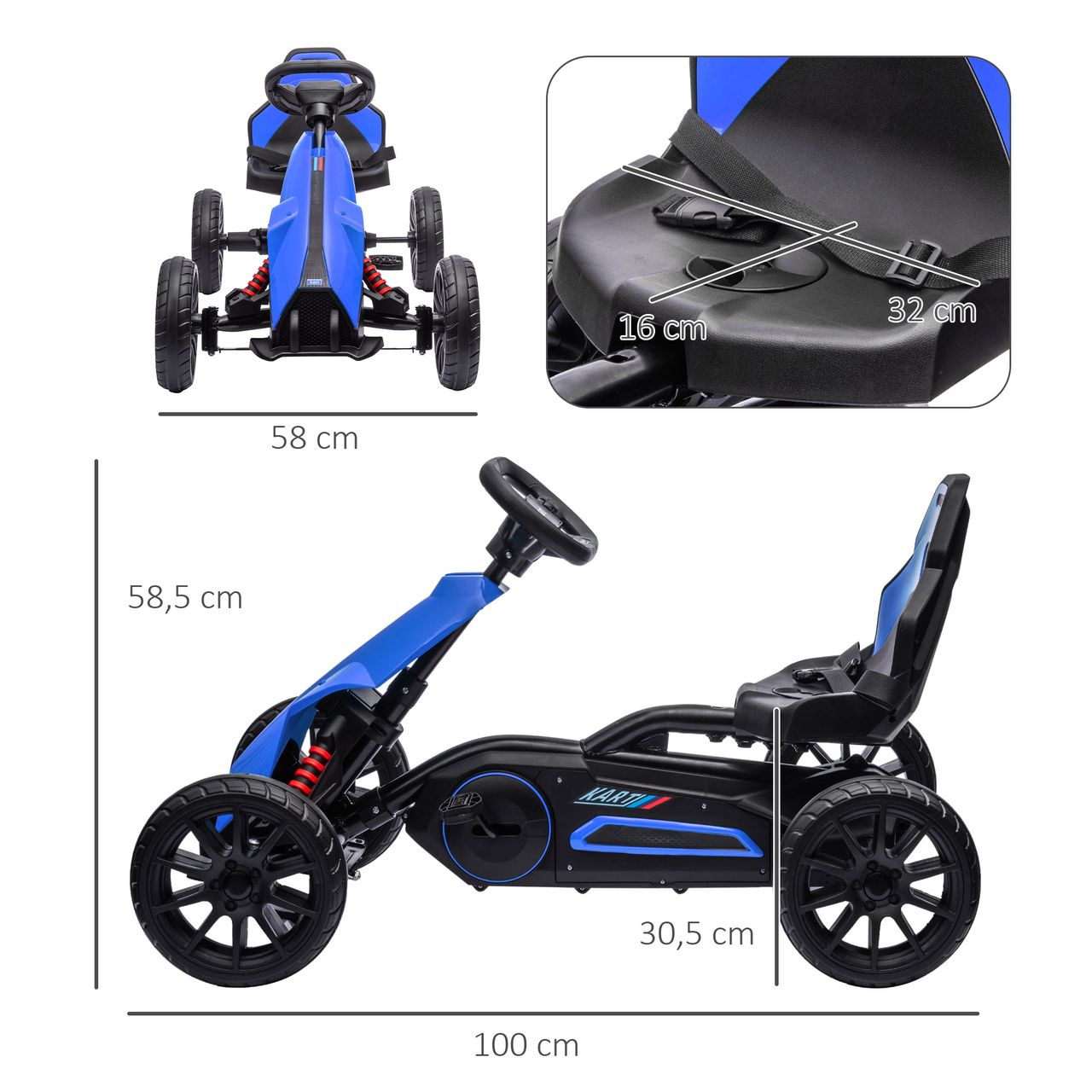 HOMCOM Gokart, Kinderfahrzeug mit verstellbarem Sitz, Tretfahrzeug, Blau
