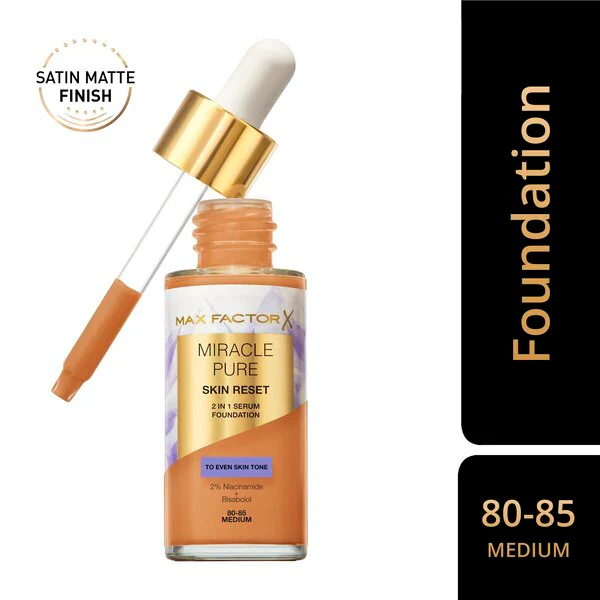 „Max Factor Miracle Pure Skin Reset 80-85 Medium“ 2 viename serumo makiažo pagrindas, 30 ml