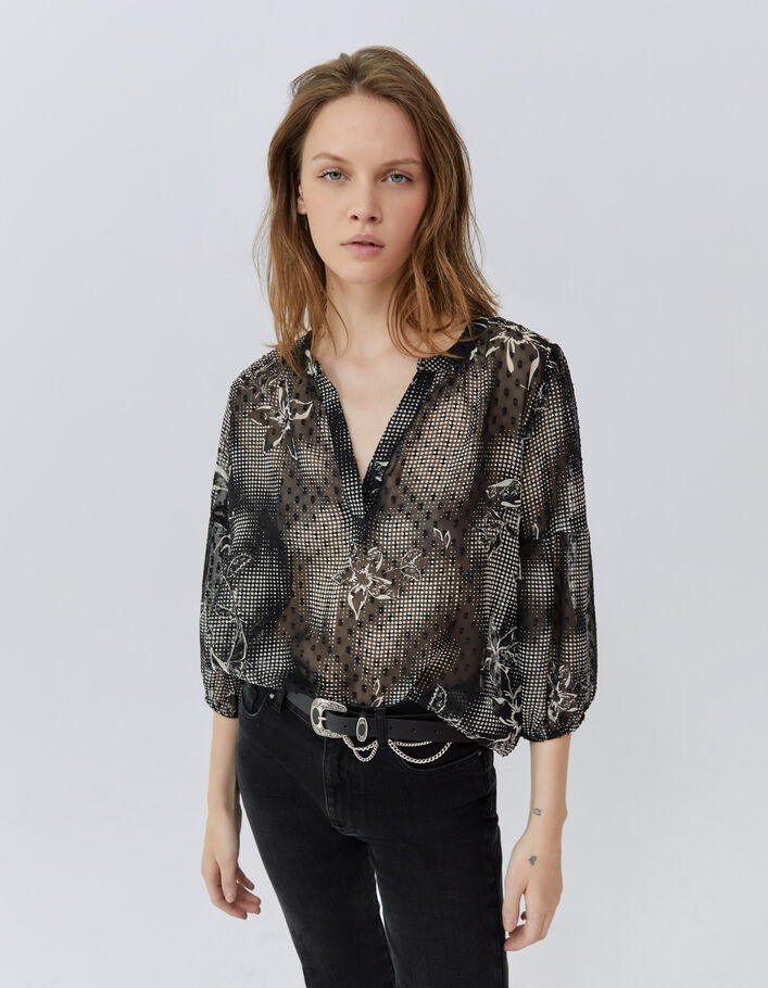 Blouse noire imprimé dandy flower écru Femme