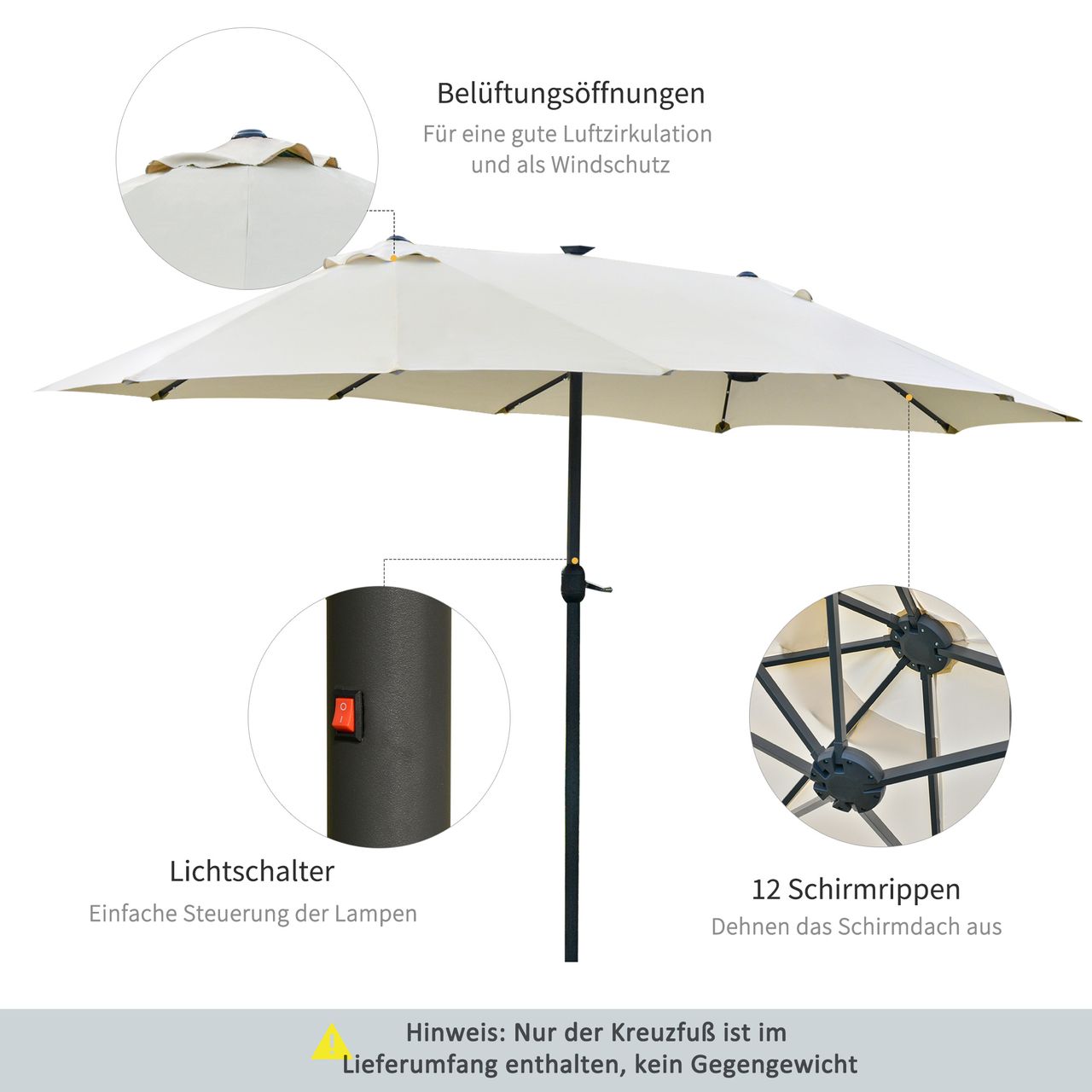 Outsunny Sonnenschirm mit LED Doppelsonnenschirm 440 x 256 cm Gartenschirm
