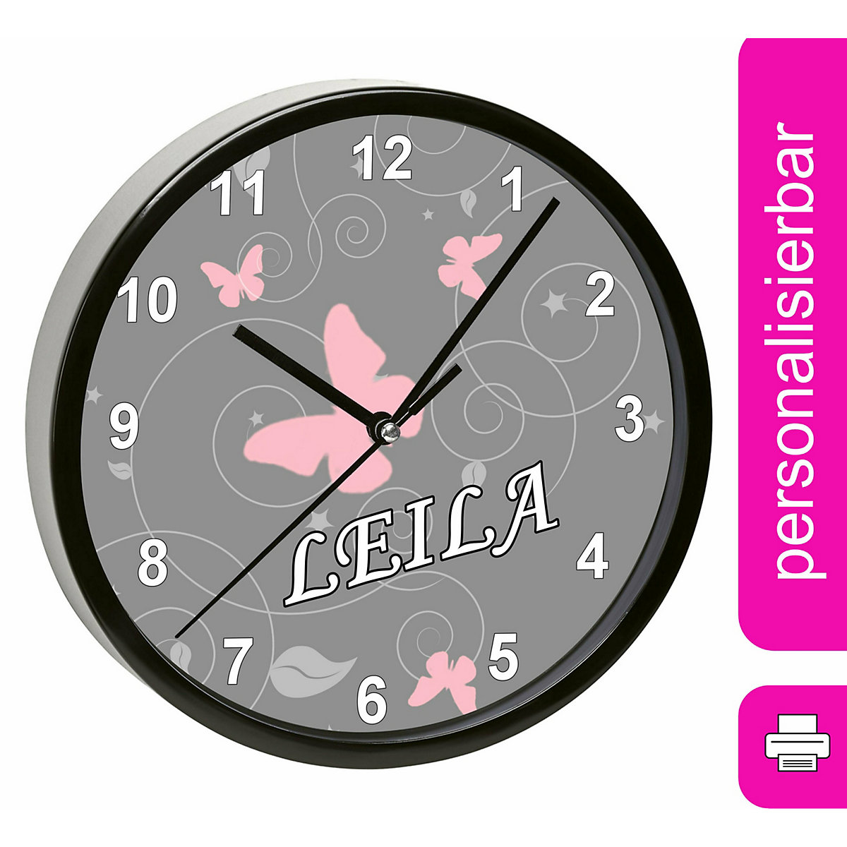 Kinder Wanduhr personalisiert mit Name Schmetterling Ornamente pink weiß grau