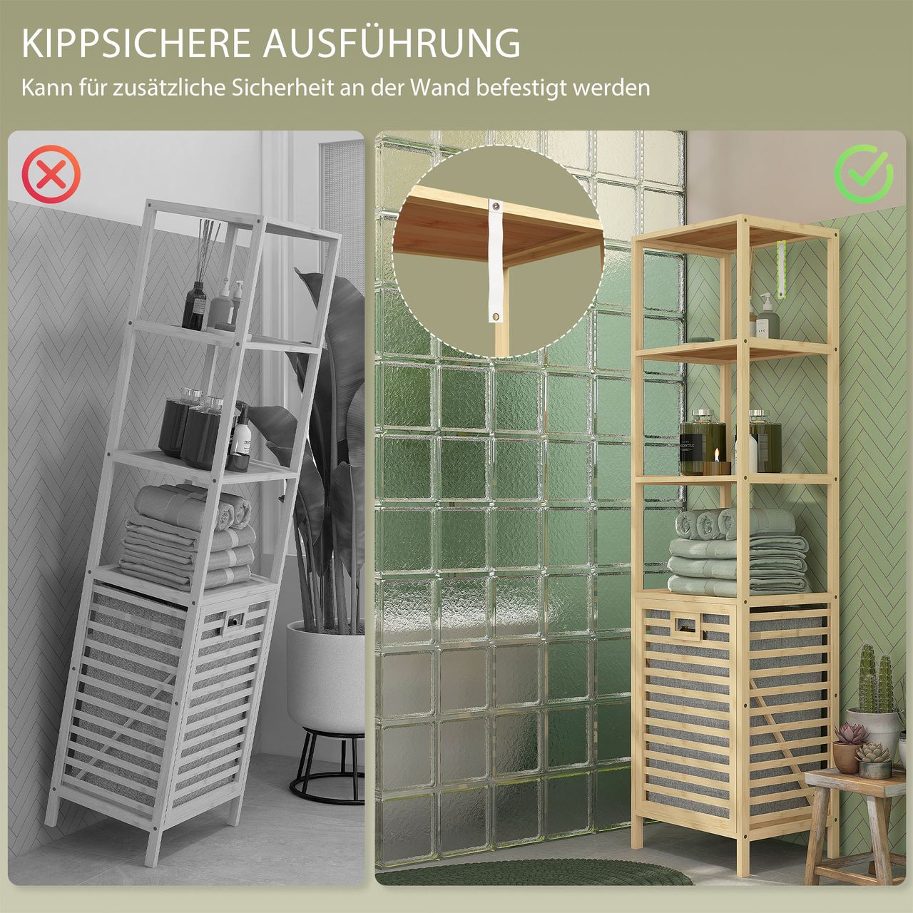 HOMCOM Badregal mit Wäschekorb, Badezimmerregal mit 3 Ebenen Kippschutz Bambus