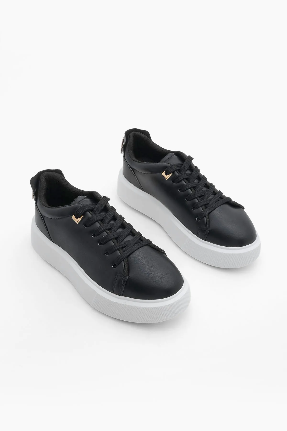 Marjin  Damen Sneakers Dicke Sohle Gold Schnalle Detailliert Schnürschuhe Sportschuhe Rofke Schwarz