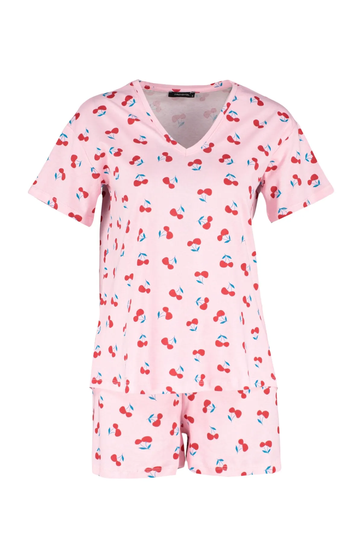 Trendyol Collection  Hellrosa gestricktes Pyjama-Set mit T-Shirt und Shorts aus 100 % Baumwolle mit Kirschmuster THMSS23PT00013