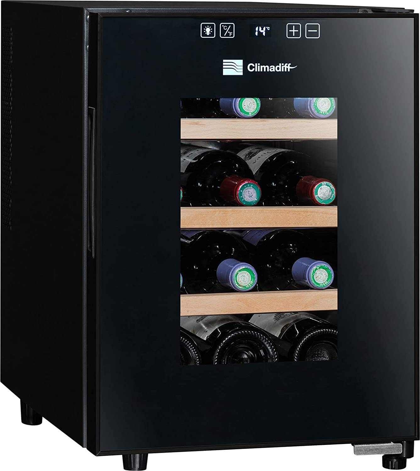 CLIMADIFF Weinkühlschrank CC12, Glastür, 12 Flaschen Wein 18L Flaschenkühlschrank Kühlschrank, für 12 Standardflaschen á 0,75l,Design Weinkühler, Getränkekühlschrank 35x46x48cm Weinschrank Wein