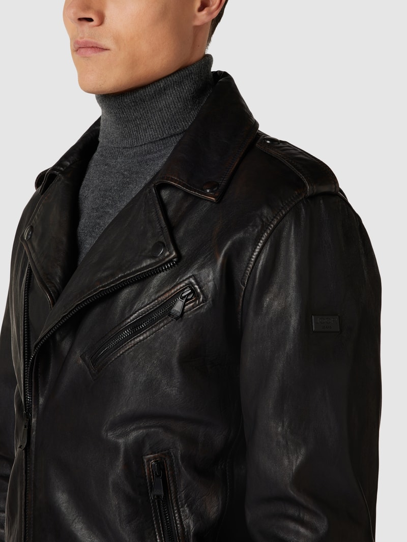 Lederjacke mit Label-Details Modell 'Alexis' in dunkelbraun
