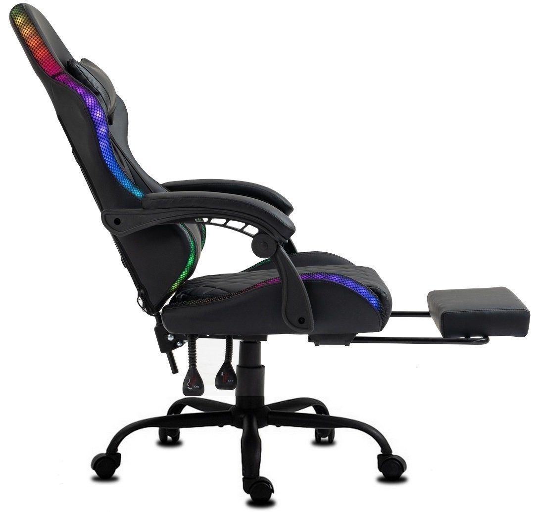 Delman Gaming-Stuhl Bürostuhl Gaming Stuhl mit LED, RGB Beleuchtung, Drehstuhl, dicke Polsterung, Metallfußkreuz, Fußstütze 02-0055