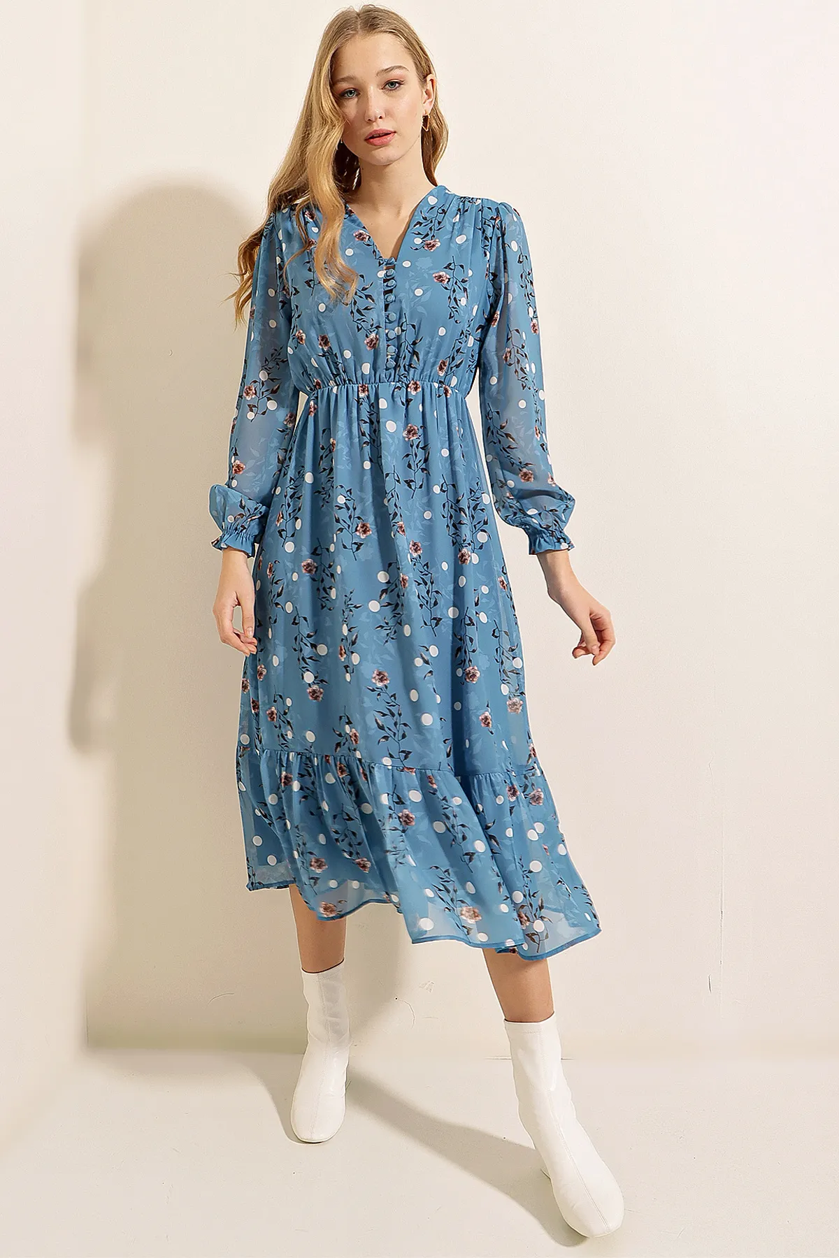 Bigdart  2137 Gemustertes Chiffonkleid – Blau