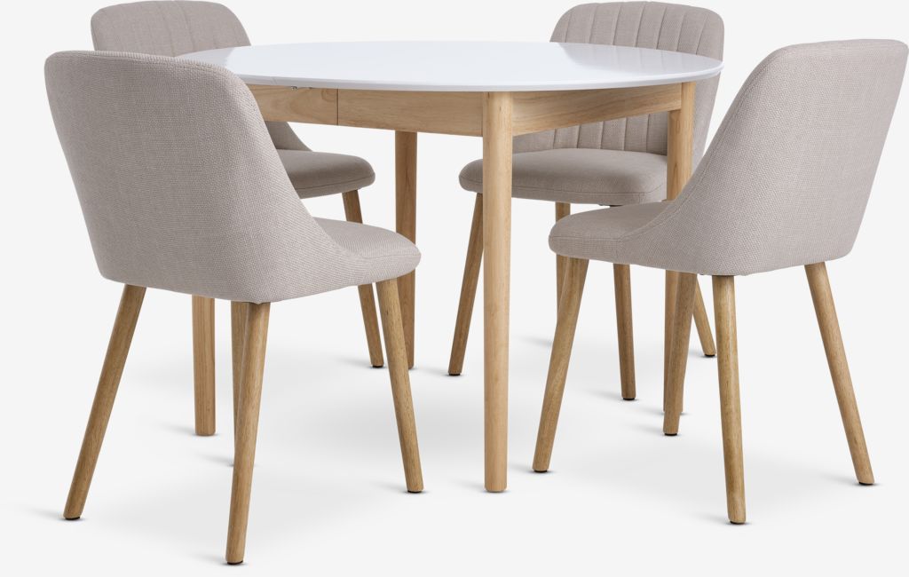 MARSTRAND ADSLEV MARSTRAND Ø110/200 bord hvit 4 ADSLEV stol med armlener beige