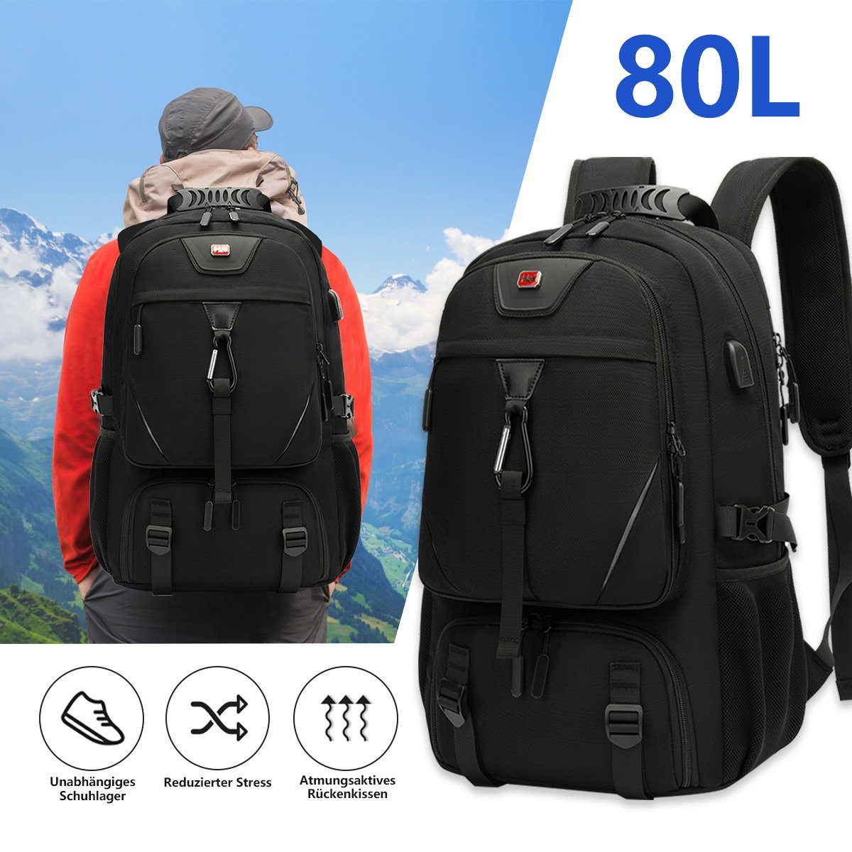 7Magic Reiserucksack Großer Laptop Rucksack 17 Zoll Business Arbeit mit Schuhfach Schwarz (mit USB Ladeanschluss Anti Diebstahl Business Arbeit Reisen), für Fitnessstudio Arbeit Camping, Herren Damen, Schwarz