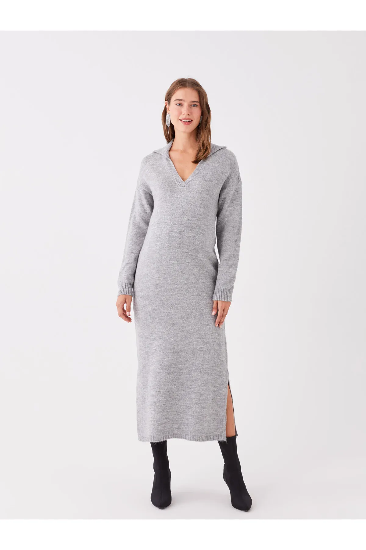 LC Waikiki  Einfarbiges, langärmliges Umstands-Strickkleid mit Polo-Ausschnitt