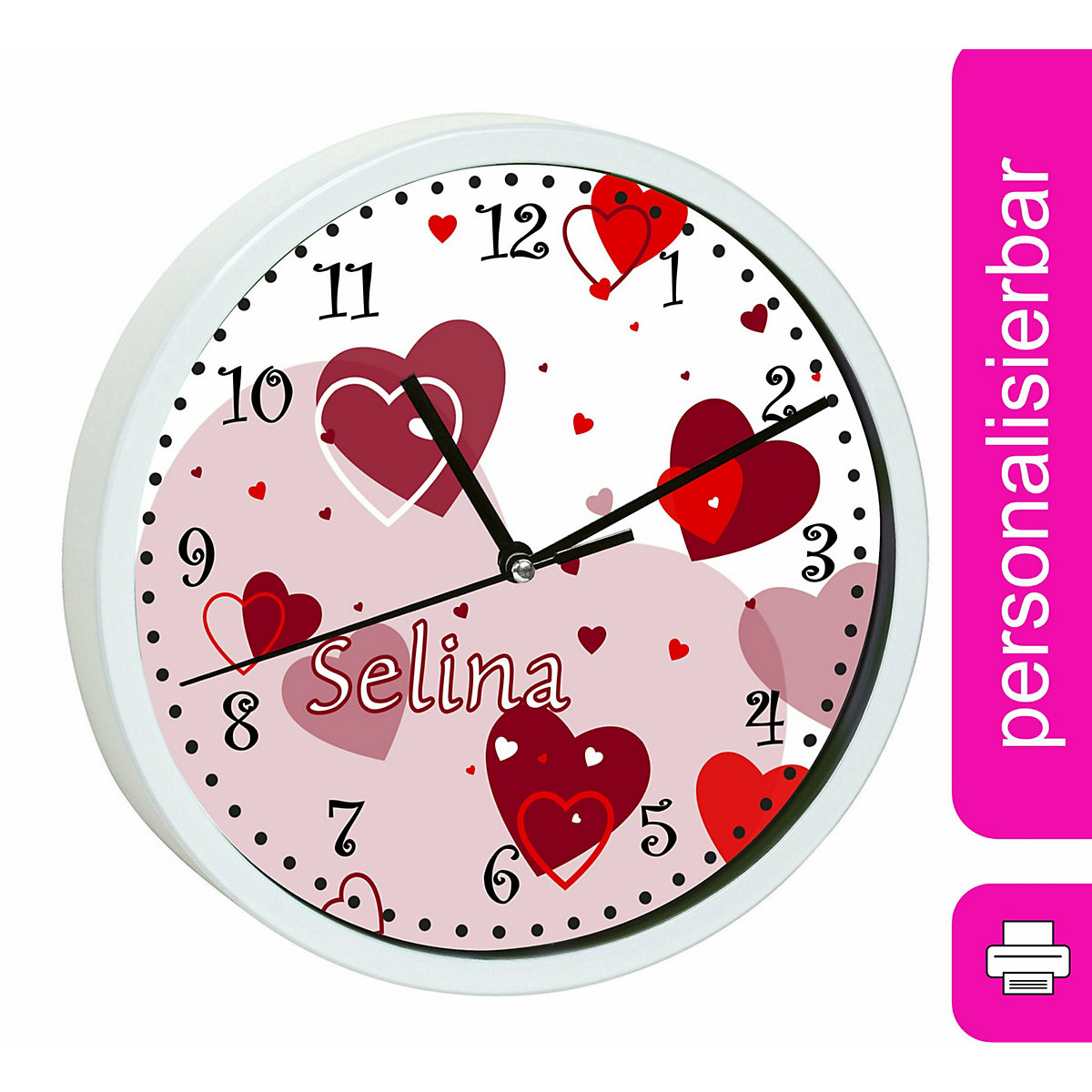 Kinder Wanduhr laufruhig personalisiert mit Name Herz Rot