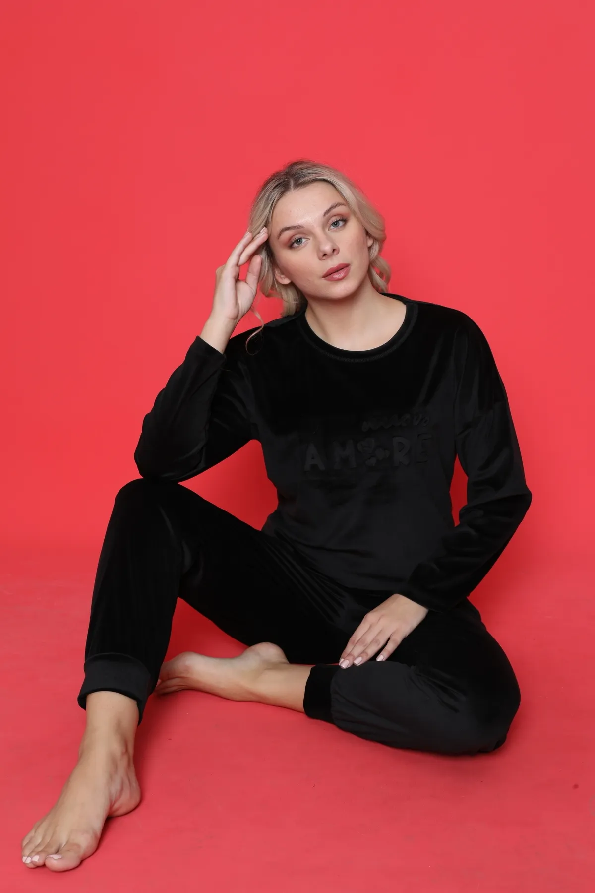 AHENGİM  Pyjama-Set für Jugendliche, französischer Samt, Amore, bedruckt, mit Spatenmanschette, Winter, saisonal, W20432250
