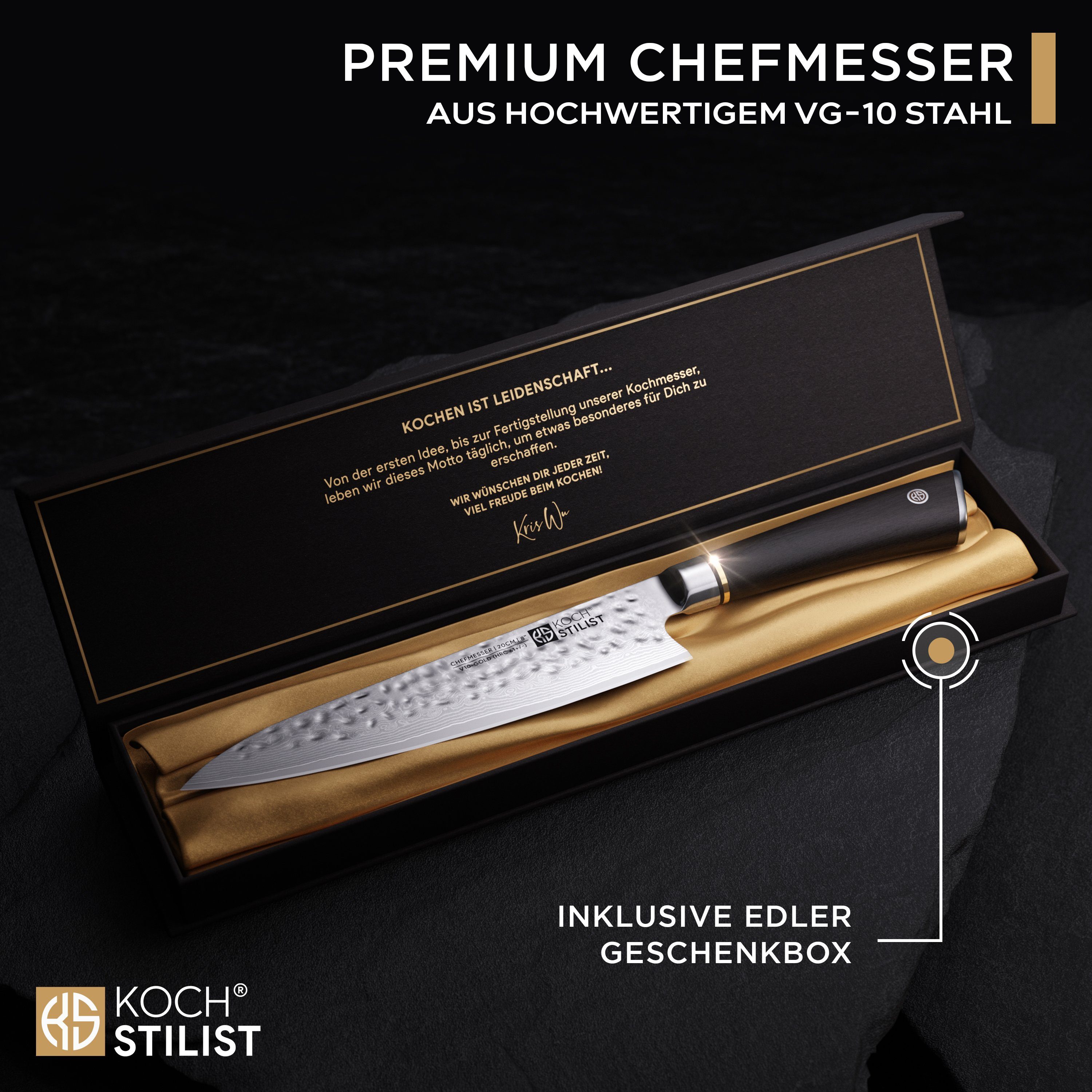 KOCHSTILIST by Kris Wu Damastmesser scharf, 20 cm - Messer, Damast, Chef, Japan, Kochmesser, Küchenmesser, Damaszener Stahl (67-Lagen)