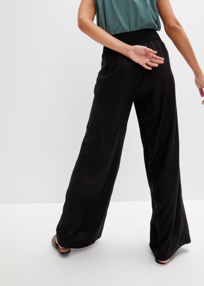 Weite Hose aus Viscose mit High-Waist-Smockbund, Crepegewebe