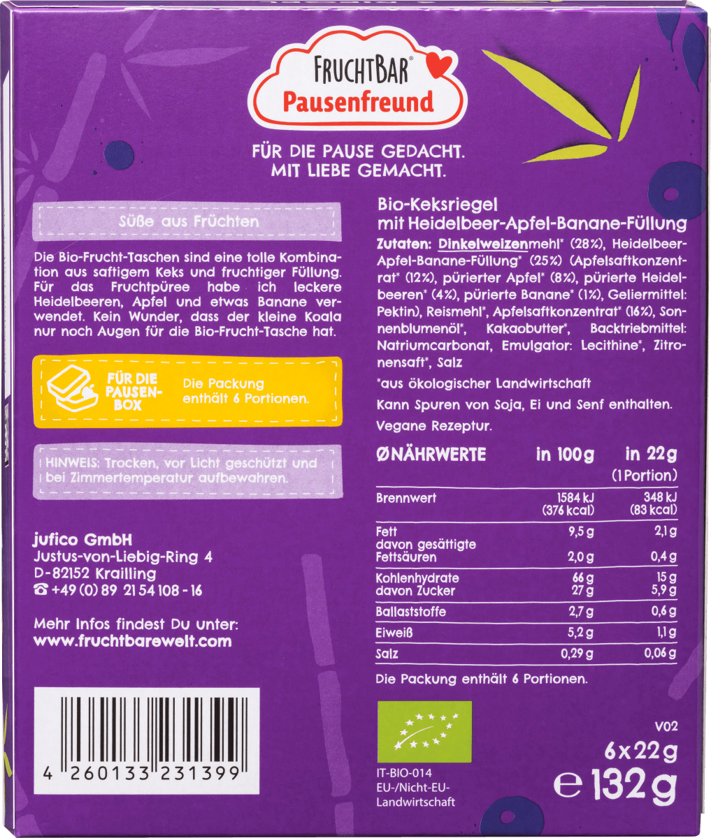Kindersnack Pausenfreund Frucht-Tasche, Dinkel, Blaubeere, Apfel, Banane ab 3 Jahren (6x22 g), 132 g