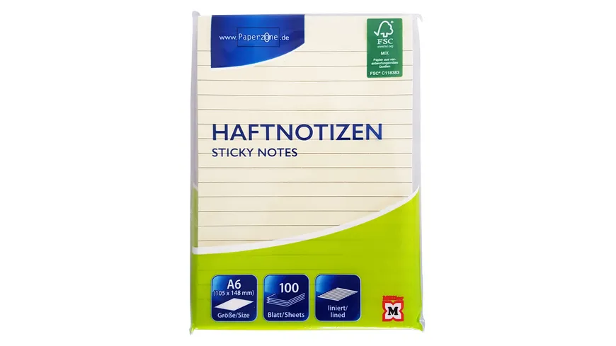 PAPERZONE Haftnotizen liniert gelb 105 x 148mm 100 Blatt