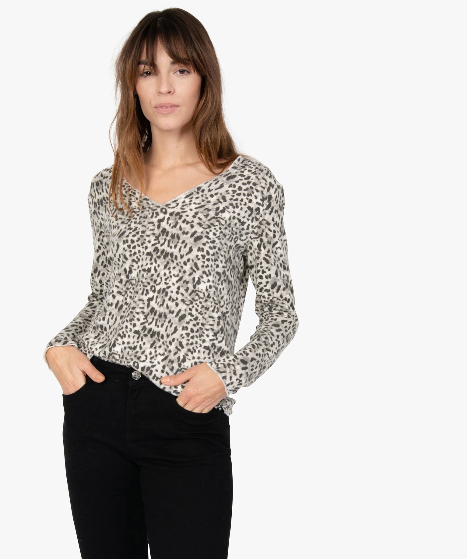 Tee-shirt femme en maille avec motifs tachetés imprime | GEMO