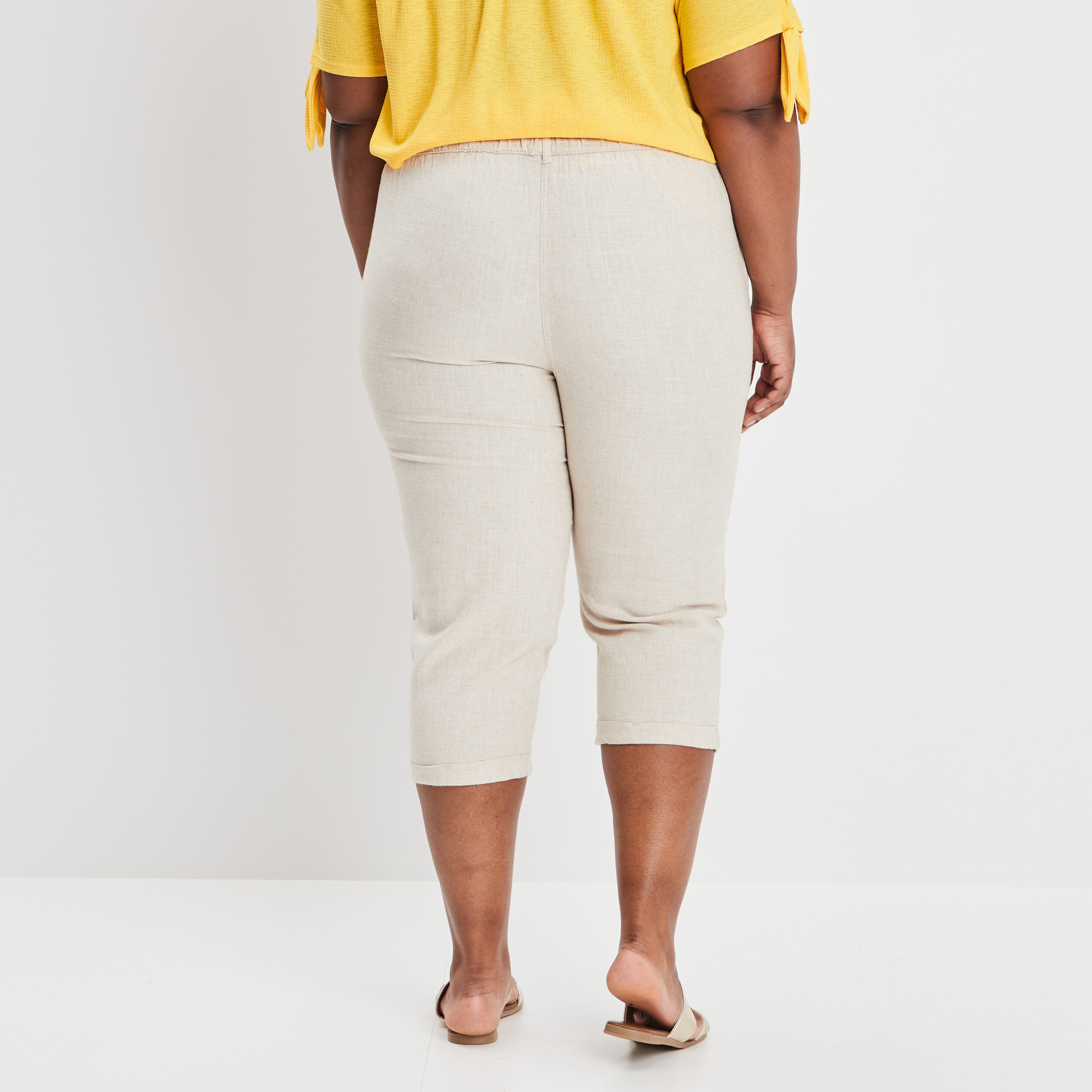 Pantacourt droit ceinturé mélange de lin sable femme grande taille | La Halle