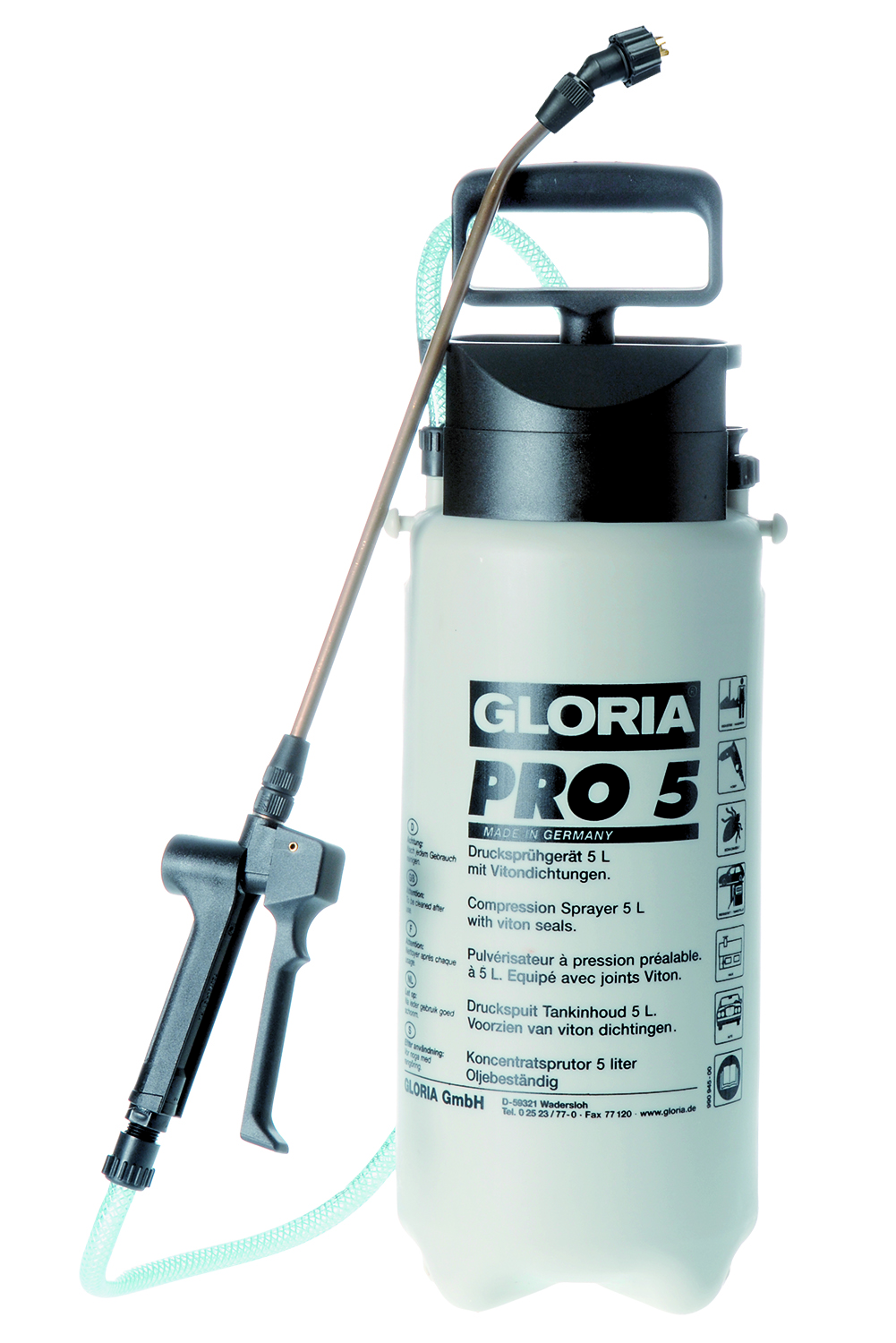 Pulvérisateur à pression Gloria 000081.0725 Pro 5 l, joints Viton, brumisation plate à 80°