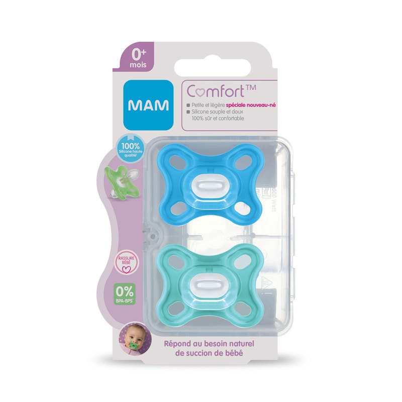 Lot de 2 sucettes Comfort 0-2 mois bleu avec boite de stérilisation MAM
