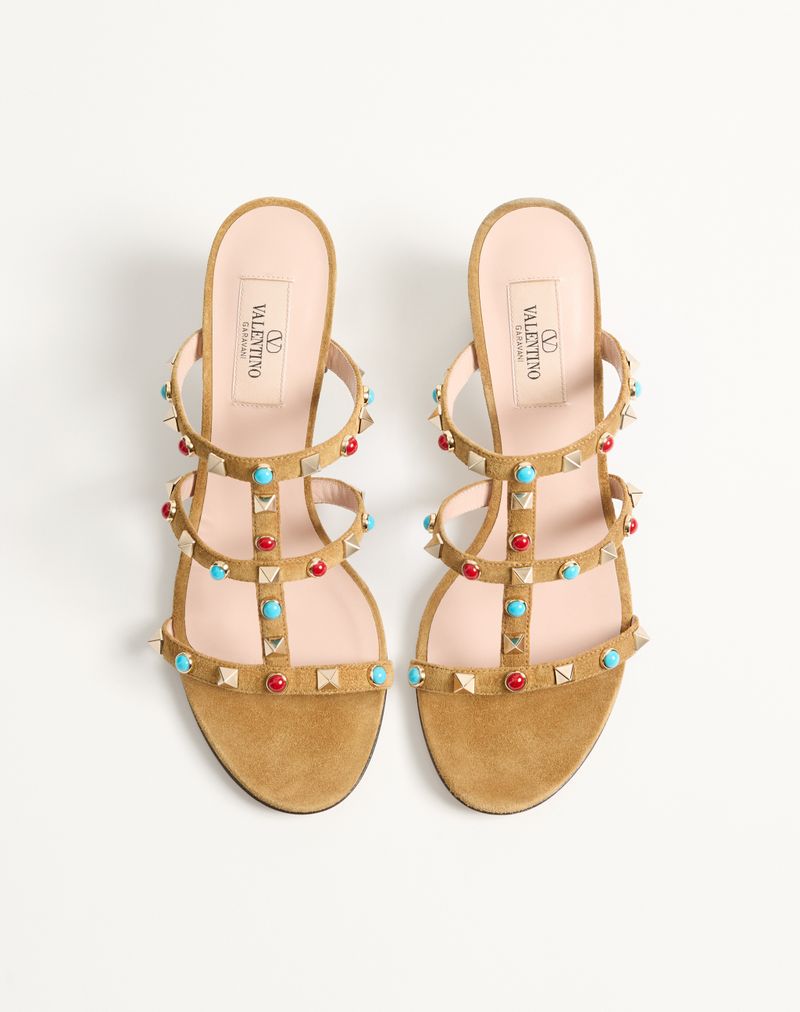 Rockstud Slidesandaler i spaltlæder med cabochonsten 60 mm