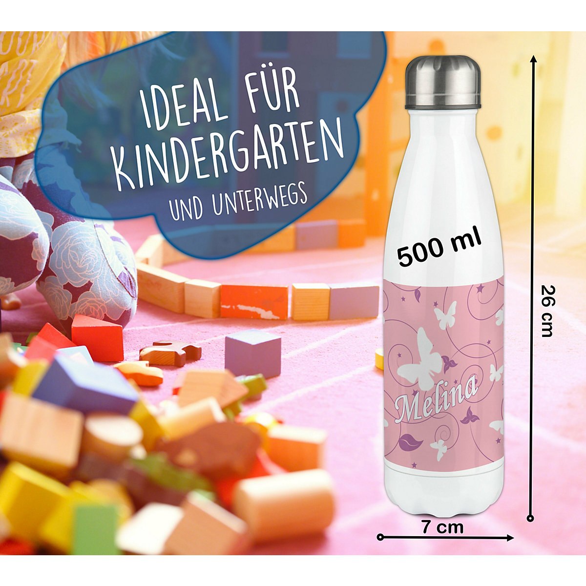 Edelstahl Kinder Thermoflasche / Trinkflasche bunt Schmetterling Ornamente Farbe rosa lila Spülmaschinenfest, Auslaufsicher, Bruchfest, Doppelwandig, Für Heißgetränke geeignet, Mit Deckel, Isolier