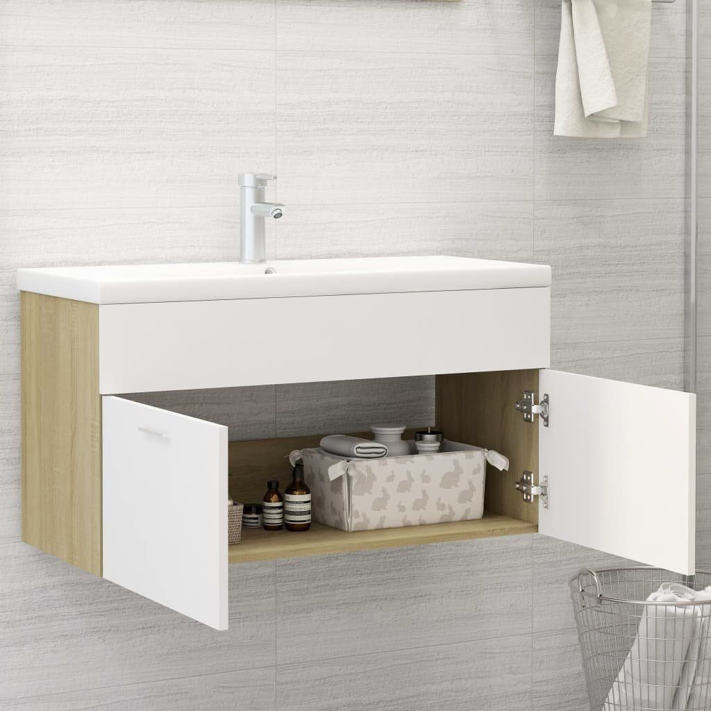 vidaXL Badezimmerspiegelschrank Waschbeckenunterschrank mit Einbaubecken Weiß und Sonoma-Eiche (1-St)