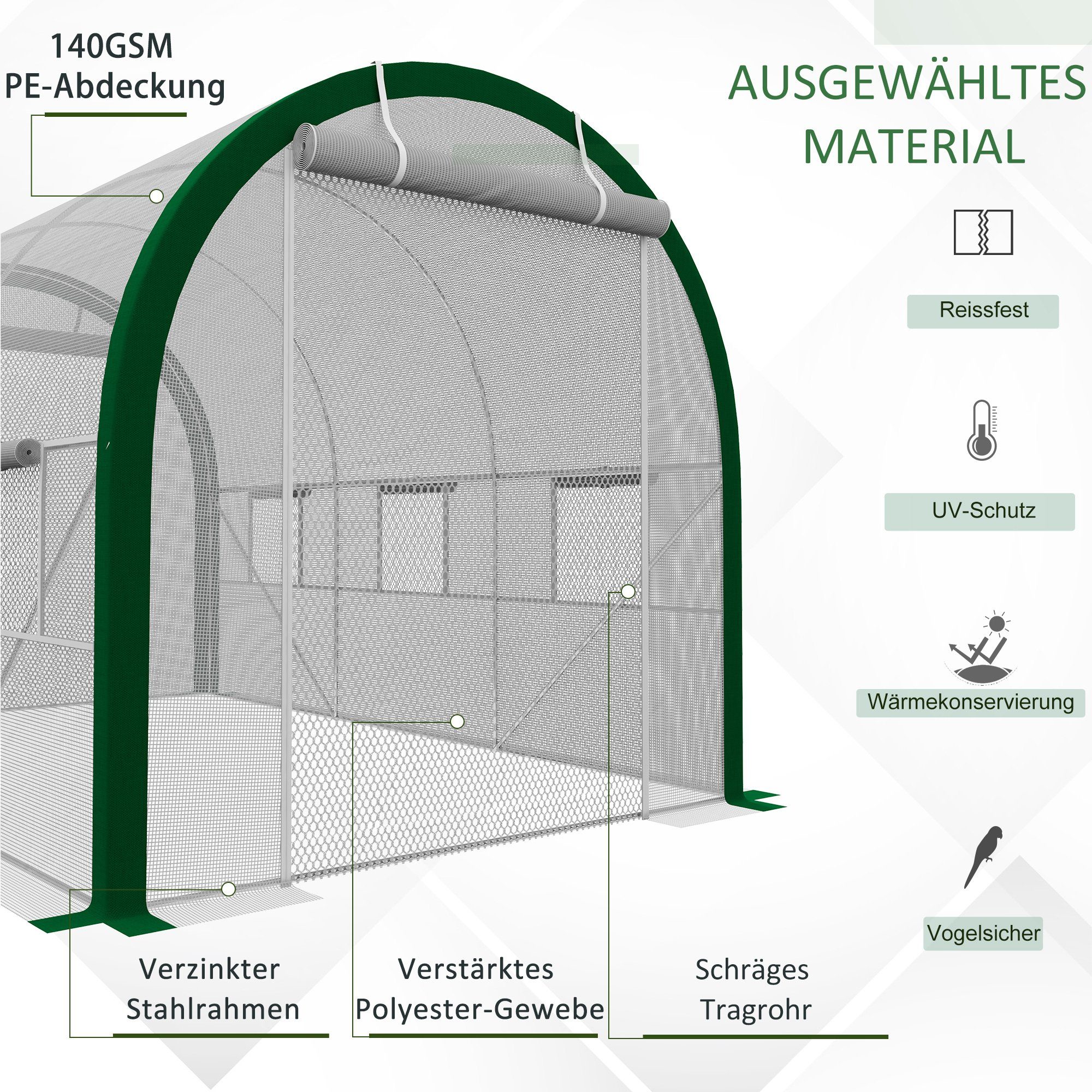 Outsunny Foliengewächshaus Tunnel Gewächshaus mit Rolltür Treibhaus Pflanzenhaus mit Fenster, BxTxH: 358 x 210 x 210 cm, BxLxH: 210 x 358 x 210 cm, 1 mm Wandstärke, Gewächshaus 1-St., Tomatenhaus, für Garten, Balkon, Verzinkter Stahl, Weiß