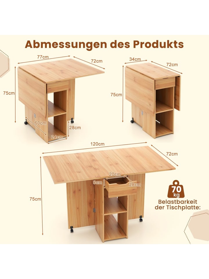 COSTWAY Esstisch klappbar mit 2 Rädern in Hellbraun günstig kaufen onesize