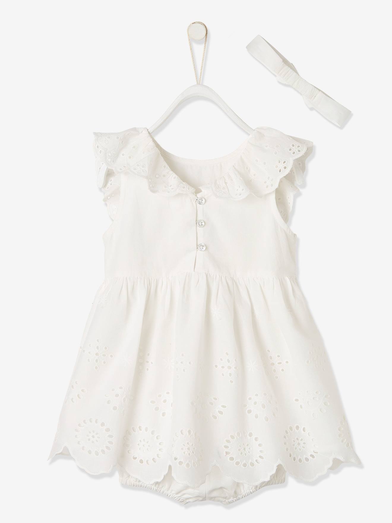 Ensemble de cérémonie bébé robe, bloomer et bandeau ivoire