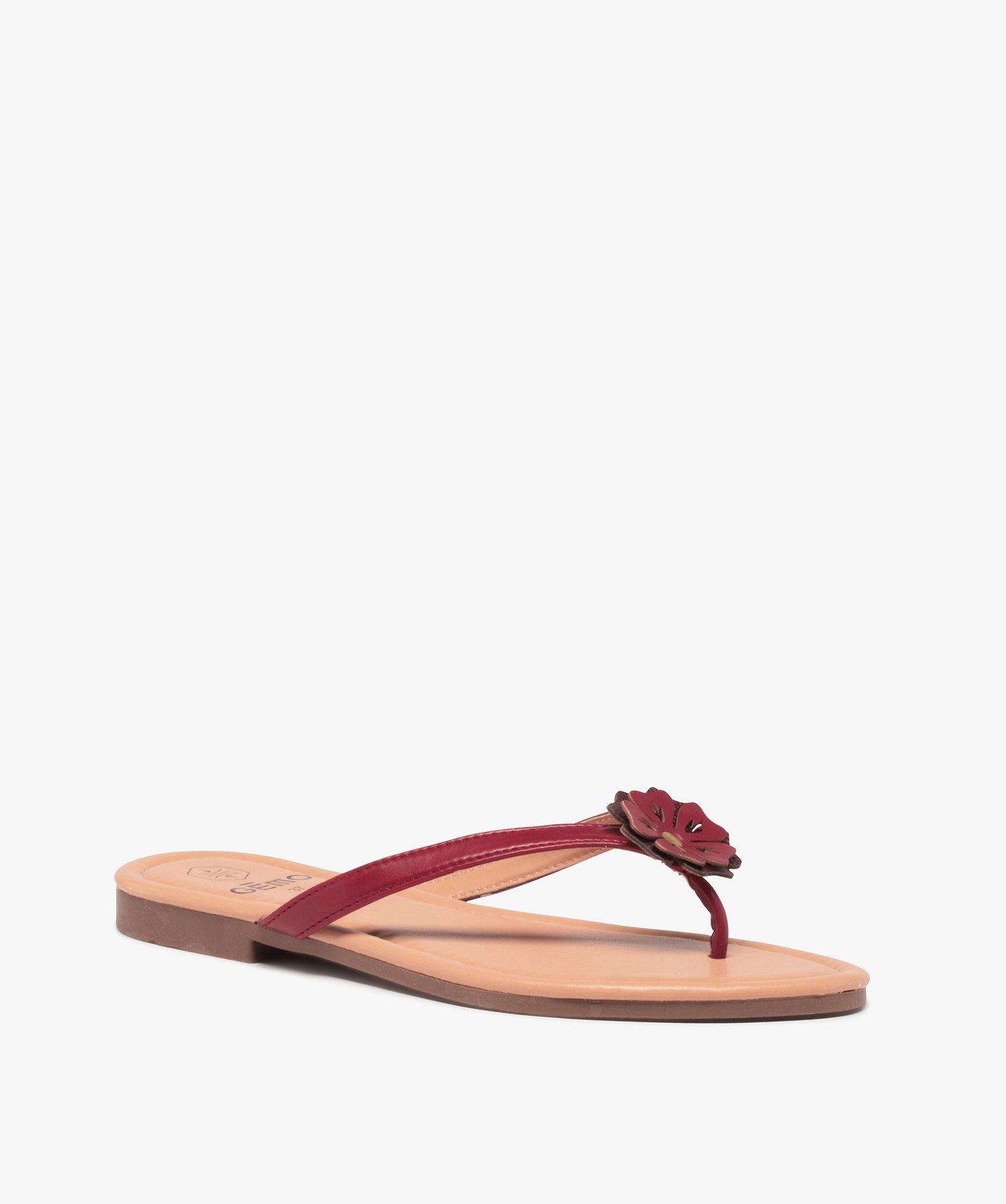 Tongs femme à petit talon plat et fleur sur l’entre-doigts rouge | GEMO