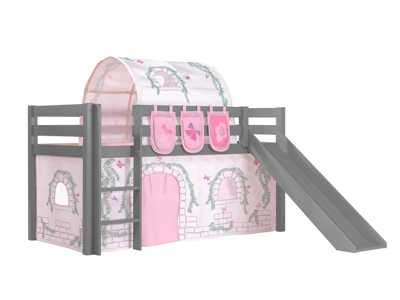 VIPACK Spielbett Pino inkl. Rutsche mit Textilset Vorhang, Tunnel und 3 Taschen 