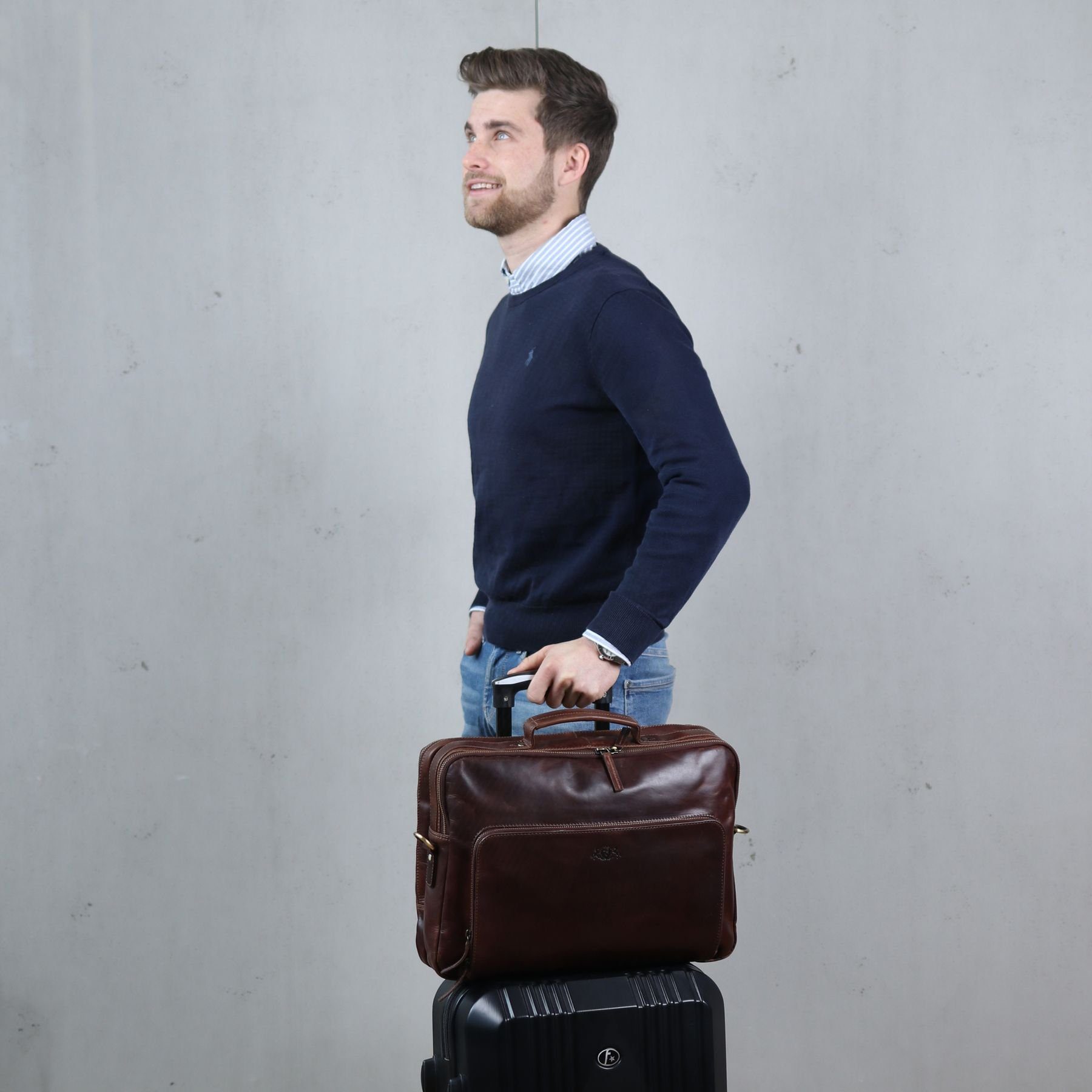 SID & VAIN Laptoptasche Leder Businesstasche Unisex SIMON, Laptoptasche 15,4 Zoll, Aktentasche Echtleder Damen Herren braun