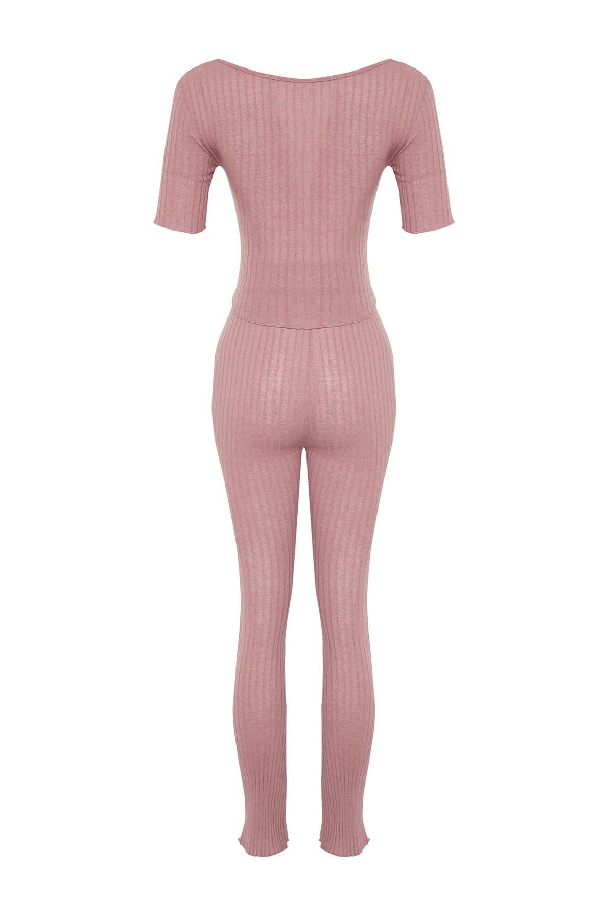 Trendyol Collection  Dried Rose V-Ausschnitt Raffung Detail Rippen Stretch Strick Bluse und Hose Unterteil-Top Set TWOSS24AU00100