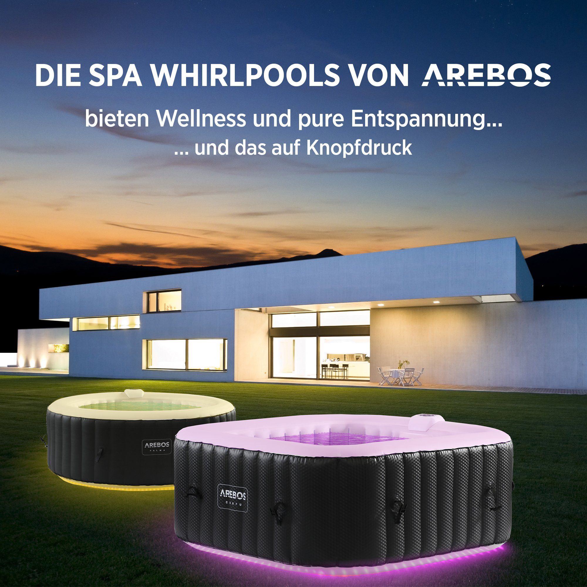 Arebos Whirlpool 154 x 154 cm, mit LED-Beleuchtung, 6 Farben, (Komplett -Set)