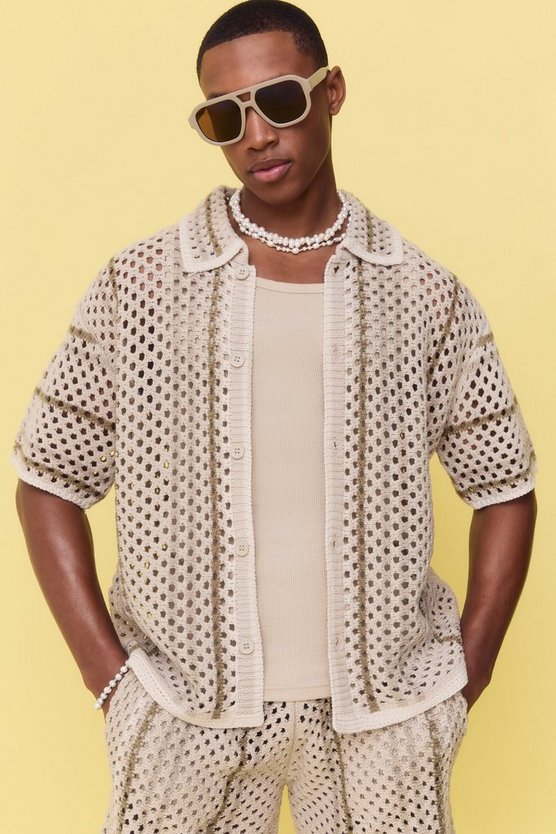Kastiges gestreiftes Oversize Strick-Hemd