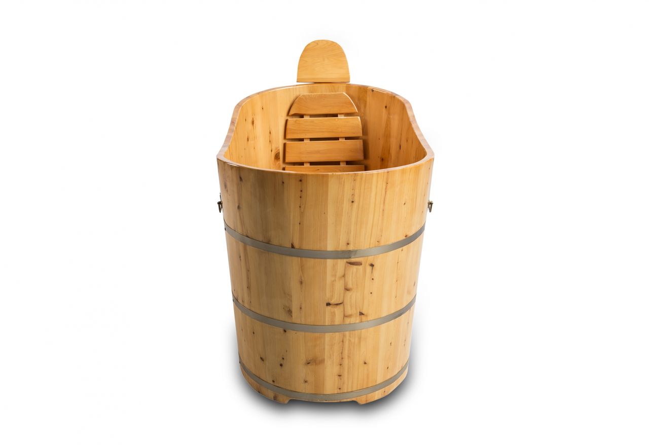 PureHaven freistehende Holzbadewanne 150x62cm aus Zedernholz 150 L ergonomische Formgebung pflegeleichte Oberfläche verstärkter Rahmen inkl. Ablauf