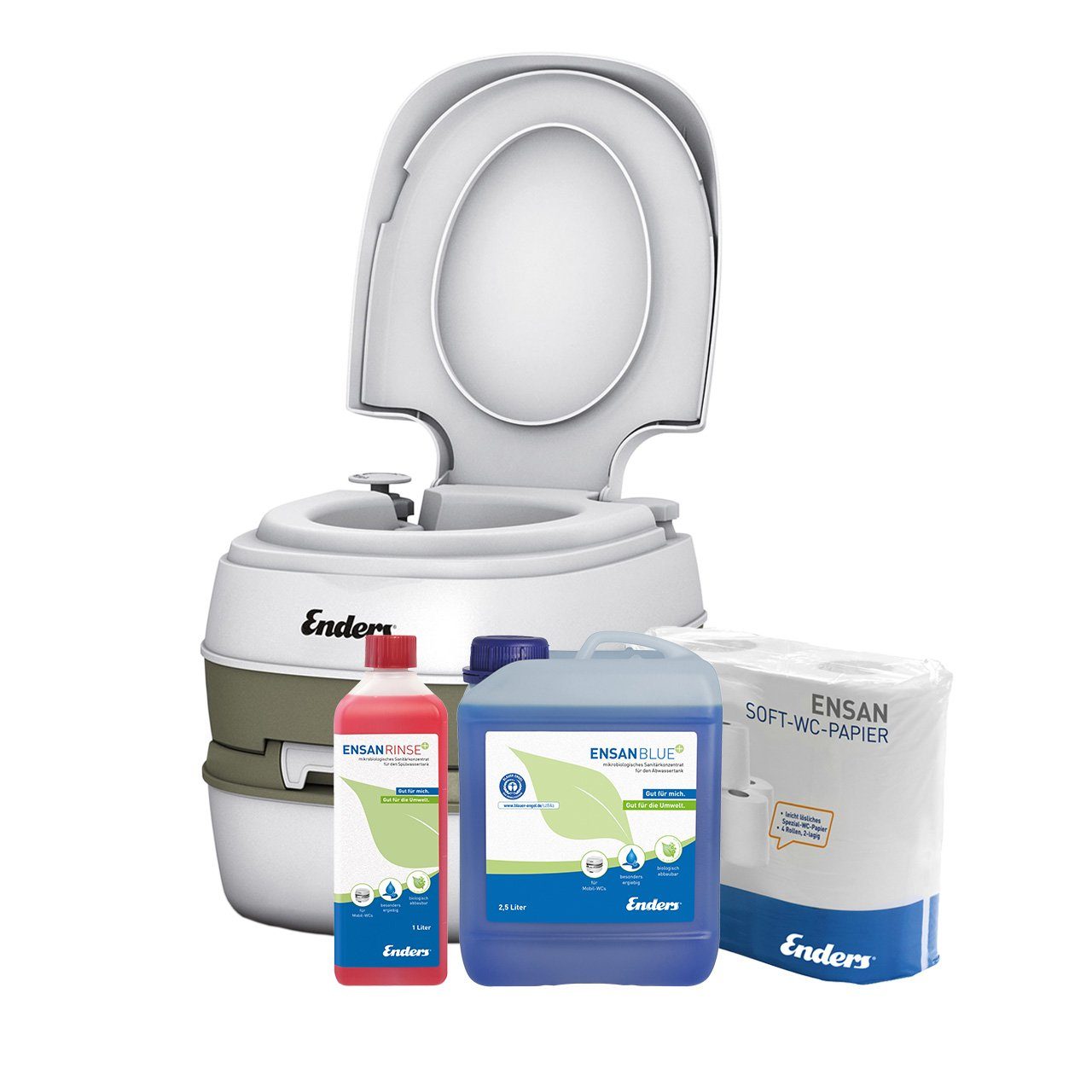 Enders® Campingtoilette SET Comfort medium+: Comfort + Rinse+ 1L + Blue+ 2,5L + WC-Papier, (Spar-Set, 1L Rinse+ + 2,5L Blue+ + 4 Rollen selbstauflösendes Toilettenpapier), Kolbenpumpe, geringes Gewicht, glatte und hygienische Oberfläche