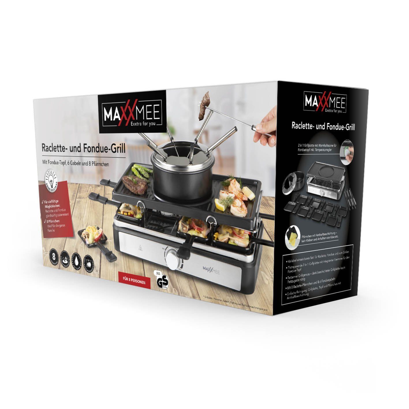 MAXXMEE Raclette und Fondue-Set Antihaft Platte 6 Gabeln & 8 Pfännchen fettarm 44x27cm