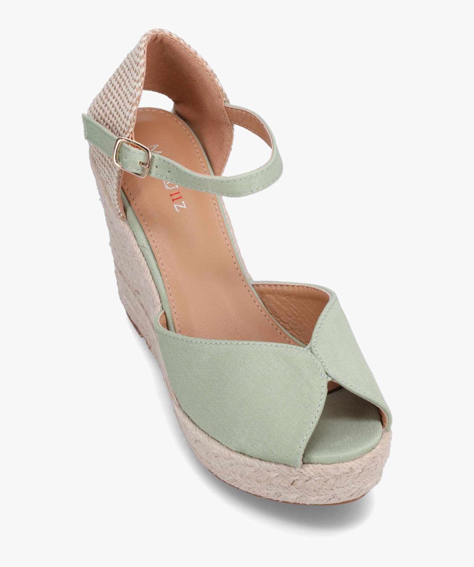 Sandales femme compensées en corde dessus satin uni vert | GEMO