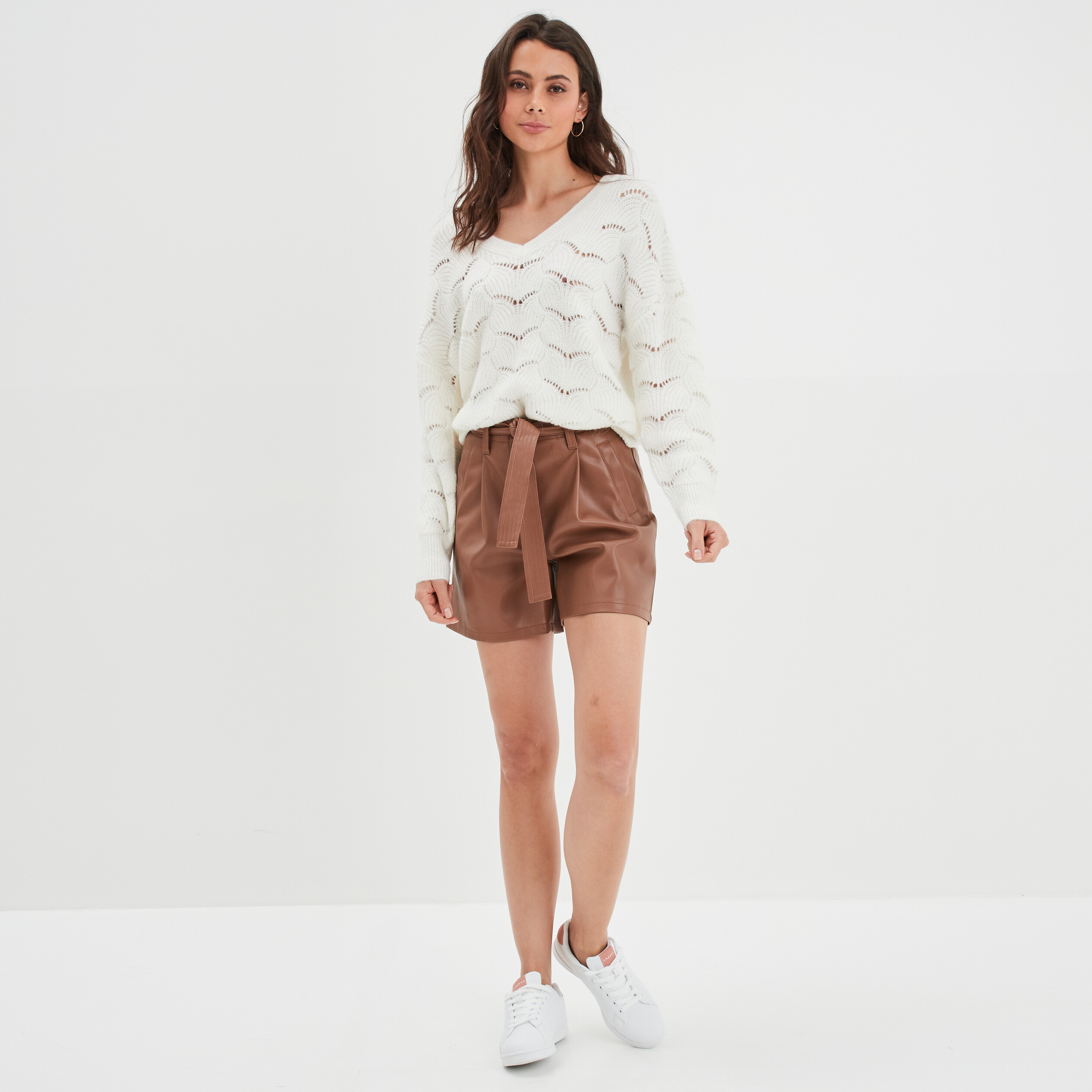 Pull ajouré devant col en V sable femme | La Halle