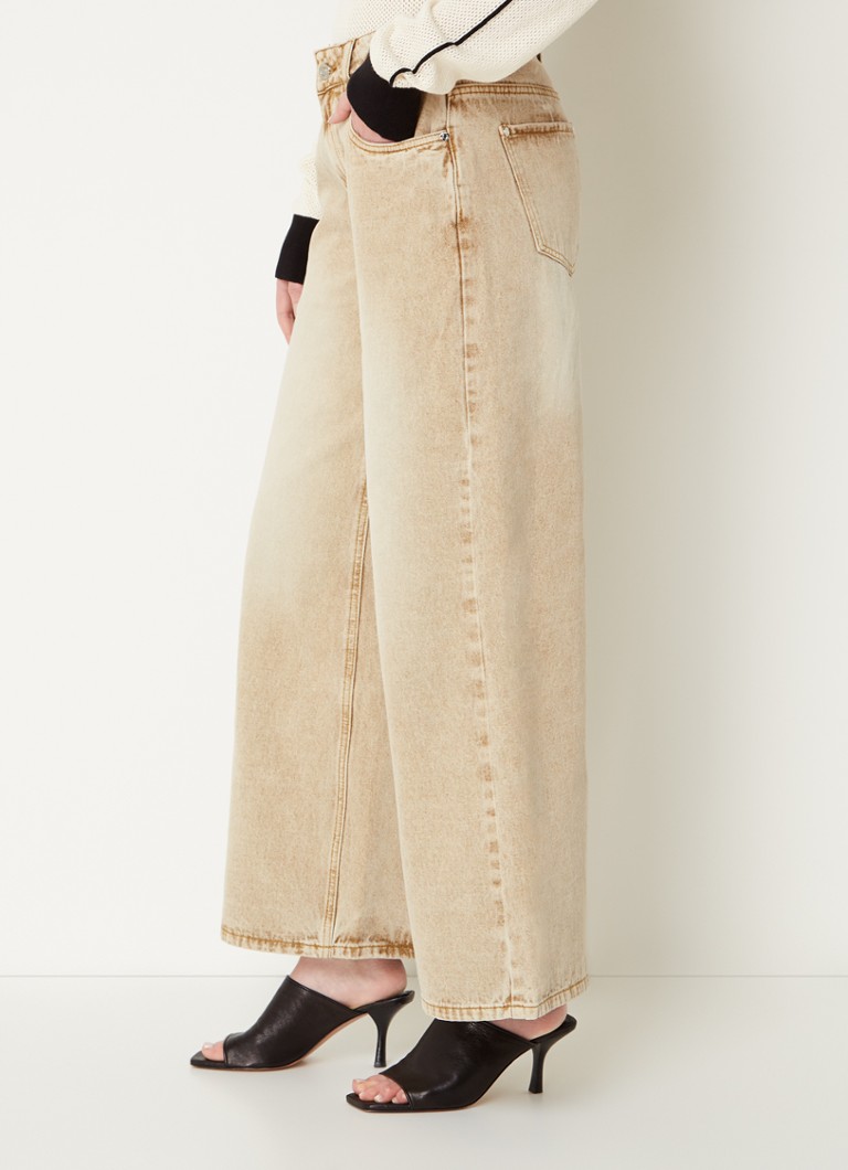 House of Sunny Sandblast mid waist wide leg jeans with colored wash and logo