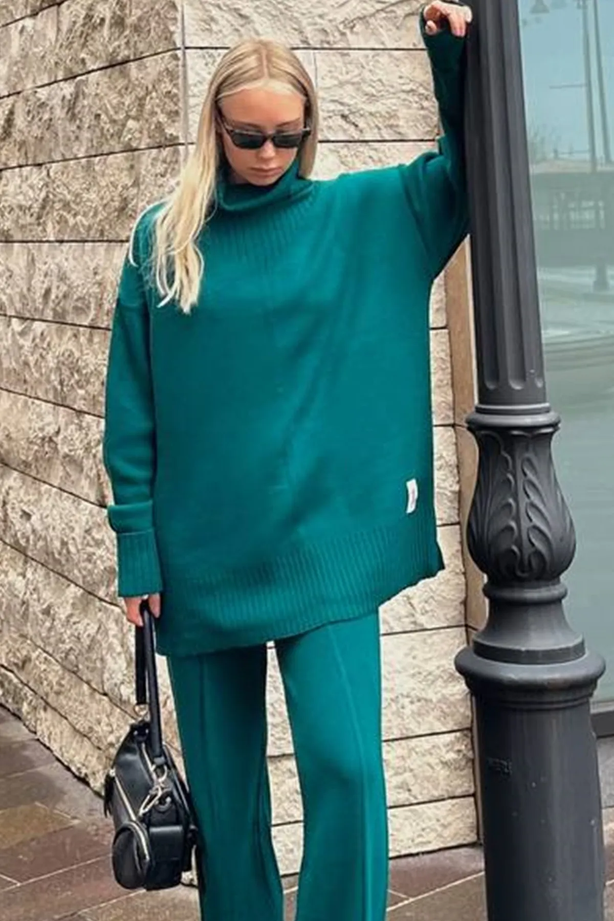 lovebox  Rollkragenpullover in Übergröße, grüner Langarmpullover und grüner Strickhosenanzug mit hoher Taille 003