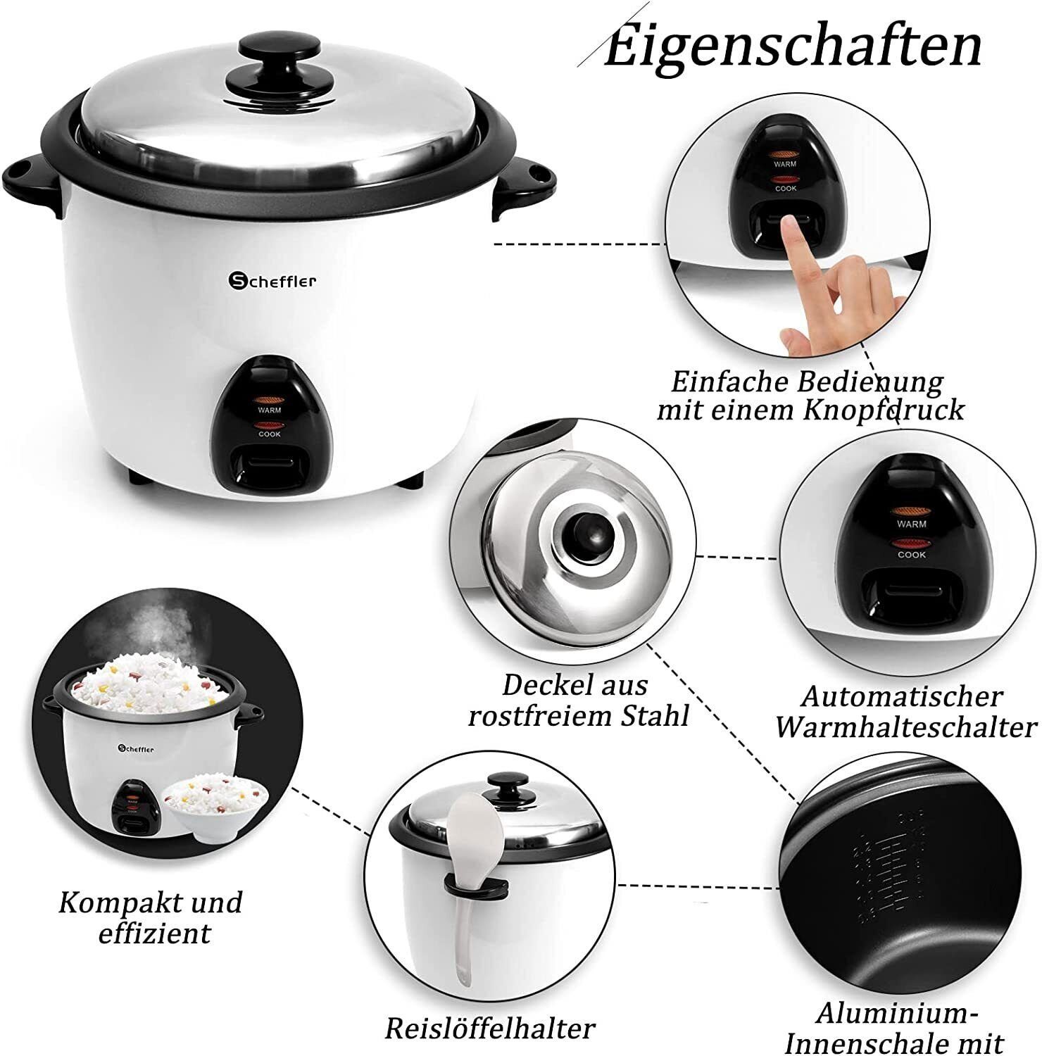 Scheffler Reiskocher 1.5L-4.2L, 800-1600 W, Warmhaltefunktion, Antihaftbeschichtet, inkl. Reislöffel + Messbecher, Deckel aus Edelstahl