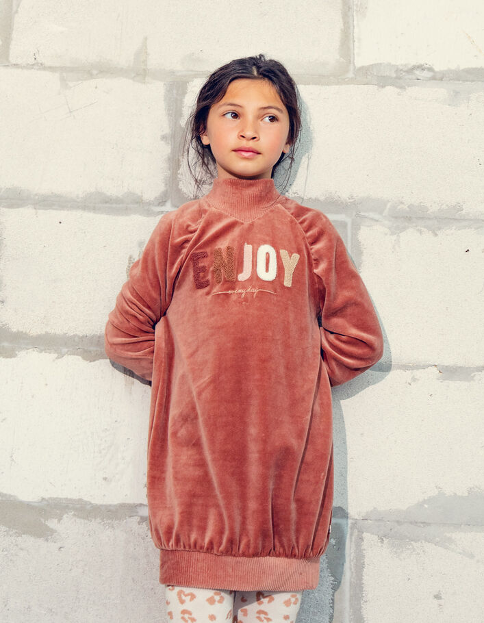 Robe rose cuivré maille velours à capuche fille