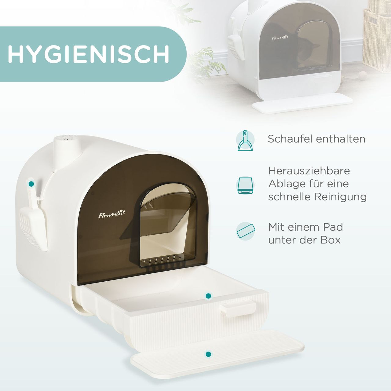 PawHut Katzentoilette Katzenklo mit Haube und Deckel Katzenstreu Matte Weiß