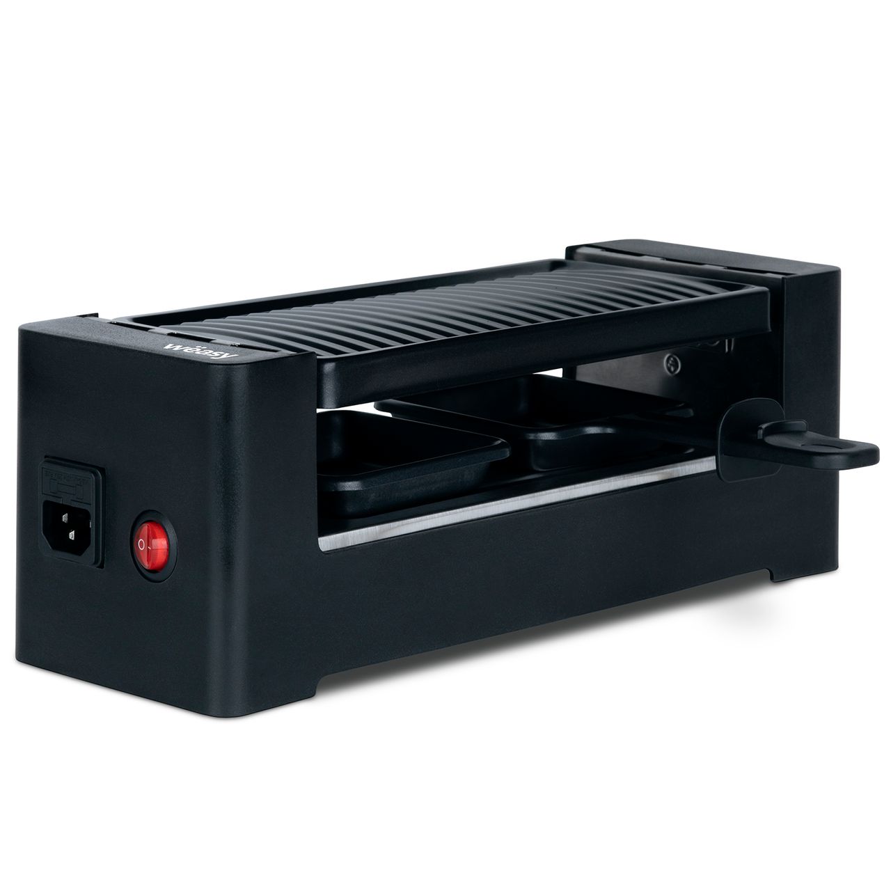 Weasy Wëasy Raclette TIK12 / 2 Personen / Raclette und Grill / Antihaftbeschichtung / verbindbar mit TAK12 und bis zu 4 Geräten / 2 Pfannen und 2 Holzspatel / 400 W / schwarz